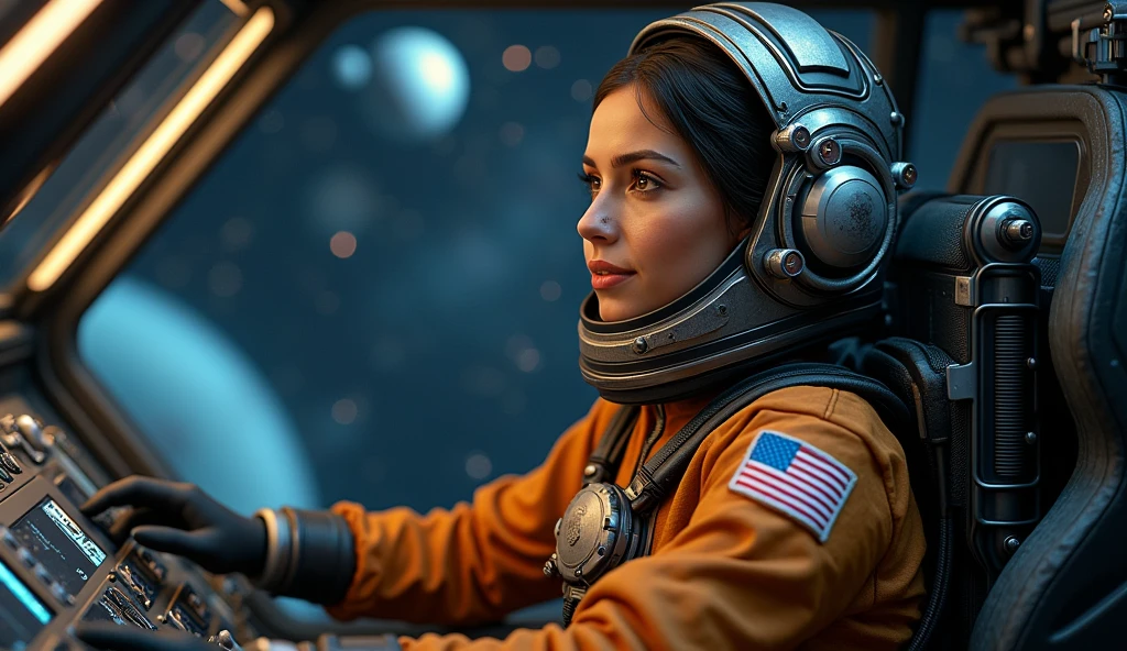 Dépeint une scène d’exploration spatiale immersive mettant en avant une femme astronaute expérimentée à l’intérieur d’un cockpit futuriste. La femme, vêtue d’une combinaison spatiale d’un ton marron, arbore un casque de pilote avec des détails métalliques brillants. Un écusson américain est visible sur sa manche gauche, indiquant son affiliation. Son expression est concentrée et déterminée, soulignant son rôle de pilote de vaisseau spatial. Le cockpit est richement détaillé avec des commandes complexes, des écrans, et des jauges qui montrent un environnement à haute technologie. À travers la verrière du cockpit, un espace sombre et mystérieux se dévoile avec des planètes lointaines et des étoiles scintillantes, renforçant l’atmosphère de l’aventure interstellaire. L’éclairage dans la scène est doux mais suffisamment accentué pour montrer les textures et les détails des matériaux, tant sur la combinaison que sur les surfaces du cockpit.