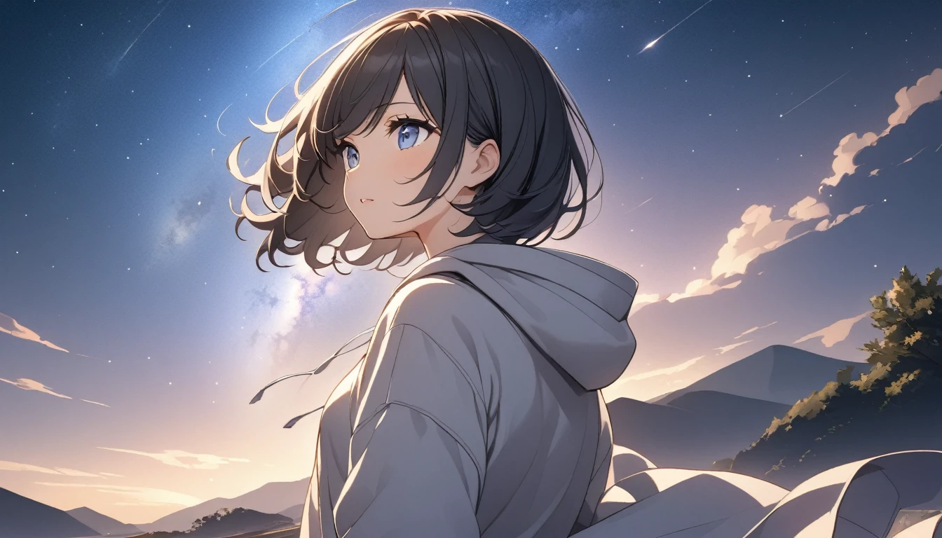 Starry Sky、milky way、One woman、Black Hair、Short Hair、Hair blowing in the wind、Blue Eyes、Wearing a hoodie、Back view、Upper Body、Low - Angle