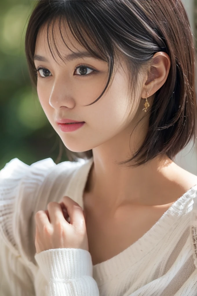 (Highest quality、8k、32K、masterpiece、Hmph:1.2)、Cute Japanese Women Photos、Long sleeve dress、Very short hair、Photographed in natural light、Upper Body、Surface Focus、Simple Necklace、In front of a white door、From above、Looking at the audience、Mix 4、(8k、RAW Photos、Highest quality、masterpiece:1.2)、(Realistic、Photorealistic:1.37)、1 person、Photon Mapping、Physically Based Rendering、good looking、Excellent image quality、High resolution、1080P、(Pretty face)、(Detailed facial depiction)、(Detailed explanation of the hand-setter muscle area)、(Detailed CG)、Dirty hair、masterpiece、Rich details、(exquisite features)、(Best image quality)、(masterpiece)、(Detailed eyes)、I look forward to seeing you、Delicate clavicle、Various poses