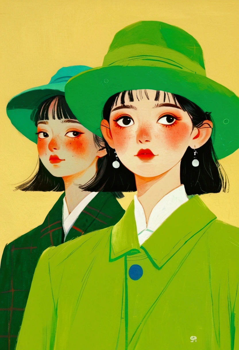 Man in a Green Hat Image、Woman in a Green Jacket Oil Painting, The Art of Mathematics by Li Song, cg social hot spots, The Art of Mathematics, Illustration style, Otto Schmidt, High-quality illustrations, Trending on artstration, A beautiful artistic illustration, Illustration Art, She is wearing a hat, Ilya Kuvshinov style, Lo-Fi Girl, The Art of Mathematics ilya kuvshinov