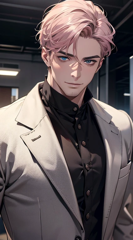 (best quality,4k,8k,highres,masterpiece:1.2),ultra-detailed,(realistic,photorealistic,photo-realistic:1.37),1 man,31 years old,mature man,very handsome,without expression,smile,short grey pink hair,blue eyes,penetrating gaze,perfect face without errors,imposing posture,businessman,office background,cinematic lighting,hdr image