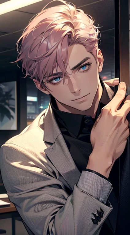 (best quality,4k,8k,highres,masterpiece:1.2),ultra-detailed,(realistic,photorealistic,photo-realistic:1.37),1 man,31 years old,mature man,very handsome,without expression,smile,short grey pink hair,blue eyes,penetrating gaze,perfect face without errors,imposing posture,businessman,office background,cinematic lighting,hdr image