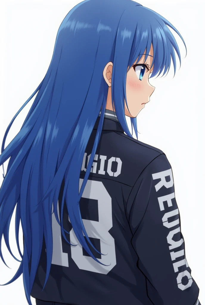 Anime woman with long hair no bangs facing back with side head to the right then wearing jacket with my last name REFUGIO with blue hair