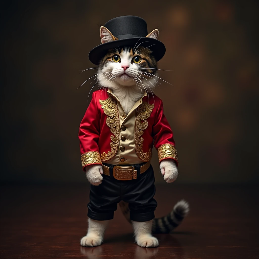 A cat standing dressed as Michael Jackson