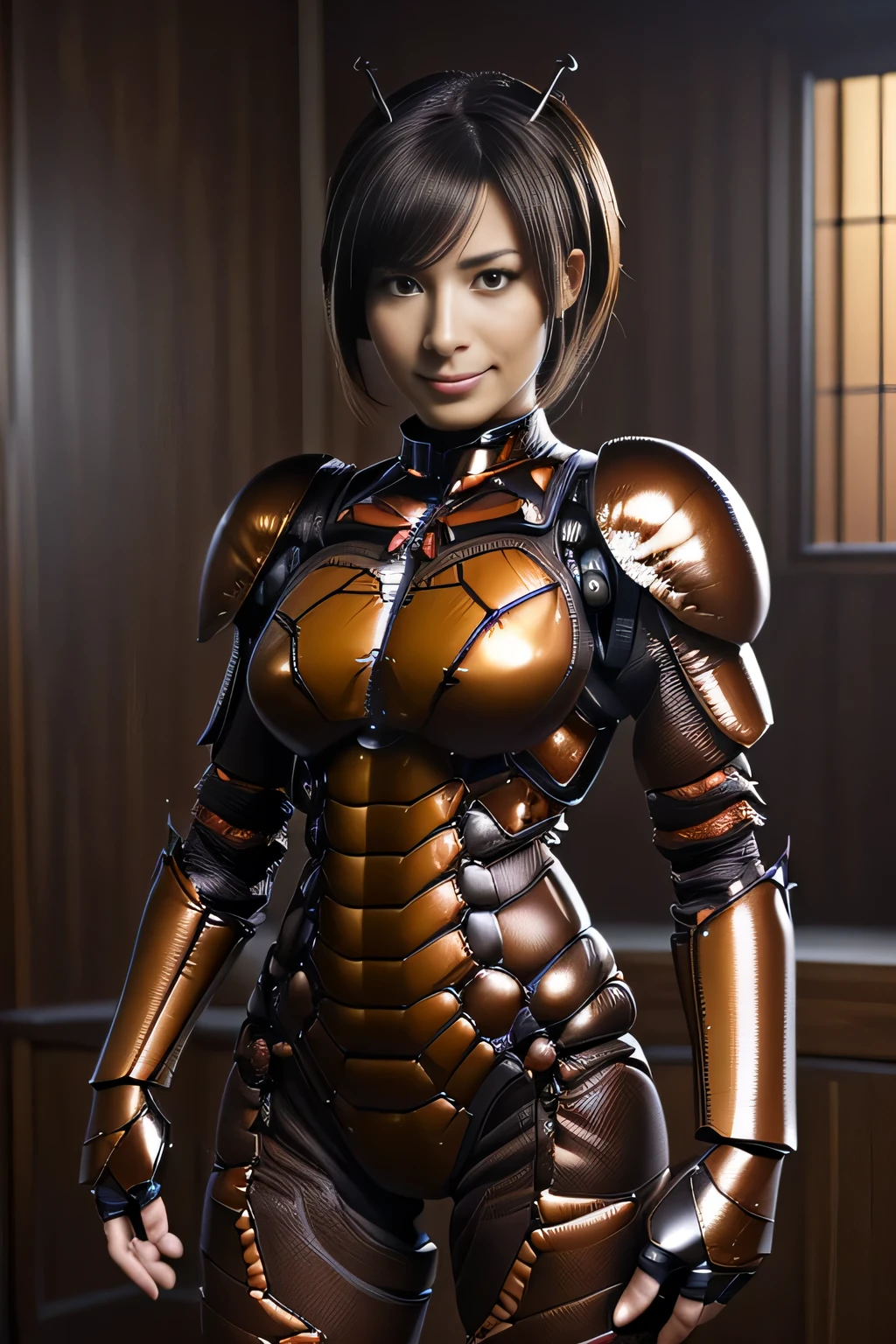 (high resolution,masterpiece,best quality,extremely detailed CG, anime, official art:1.4), realistic, photo, amazing fine details, all intricate, gloss and shiny,awesome many layers, 8k wall paper, 3d, sketch, kawaii, illustration,( solo:1.4), perfect female proportion,villainess, (fusion of dark brown cockroach and lady:1.4), (brown cockroach form lady:1.2), (brown cockroach lady:1.2), (fusion:1.2), (solo:1.4), (evil smile:1.2), muscular, abs, (cockroach brown exoskeleton bio insect suit:1.4), (cockroach brown exoskeleton bio insect armor:1.2), (brown transparency cockroach wing:1.4), (brown cockroach antennae:1.3),