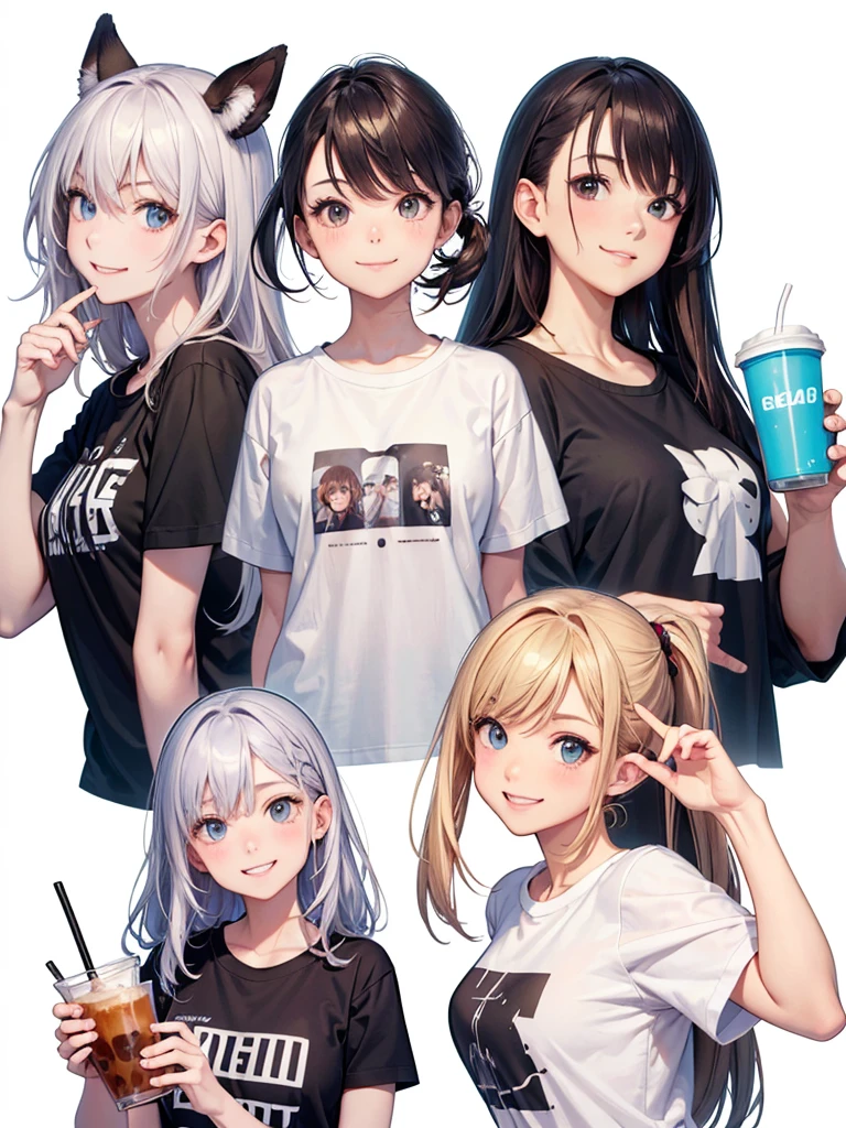 high resolution,Perfect Anatomy,Accurate anatomy,1 person,I'm holding an iced coffee and drinking it., ,Trendy hair,Trendy hair color,Trendy T-shirts,((White Background)), head whole,Various poses,smile,はにかむsmile,恥ずかしそうなsmile