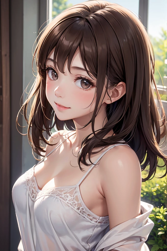 Best Quality,High resolution,8k,finelity detailed background,Masterpiece:1.2),beautiful girl,Shiny brown hair,messy hair,Brown eyes,Gentle look,A refreshing look,smile,Best quality,Best Quality,Aesthetic and aesthetic:1.2,Best details((Super detailed))(High-definition CG illustrations),camisole,Slender body,Background white,No landscape,smile,blush,cute,Scrounge,Looking up,Being spoiled,super model