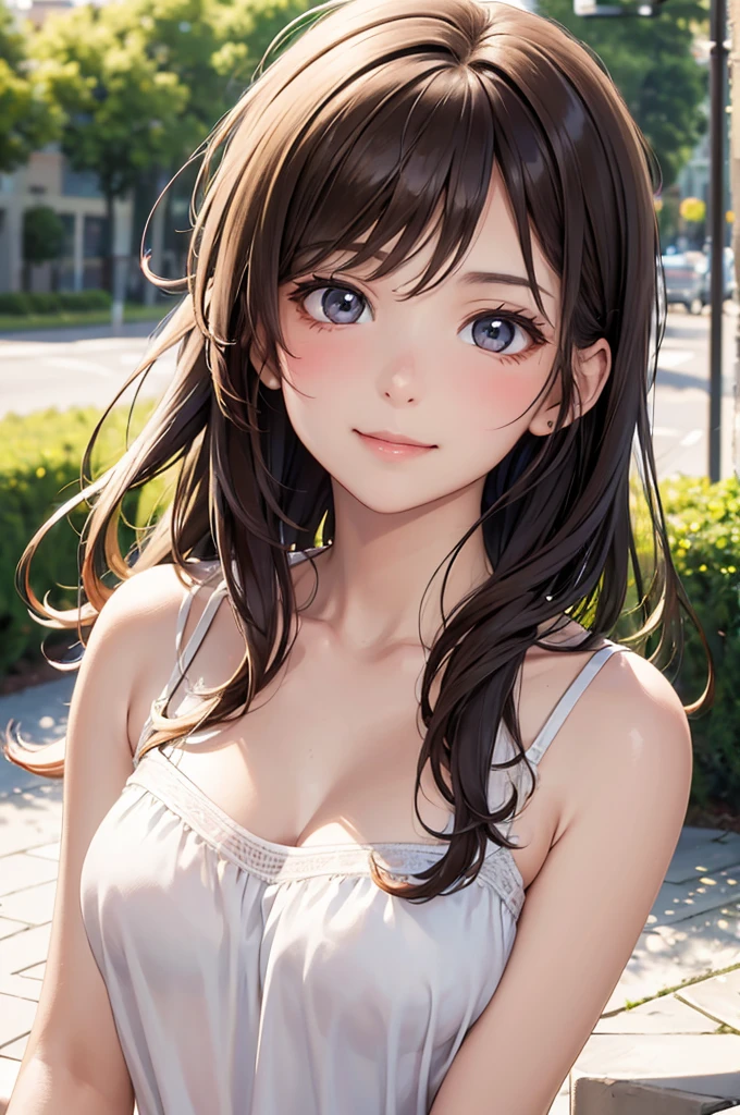 Best Quality,High resolution,8k,finelity detailed background,Masterpiece:1.2),beautiful girl,Shiny brown hair,messy hair,Brown eyes,Gentle look,A refreshing look,smile,Best quality,Best Quality,Aesthetic and aesthetic:1.2,Best details((Super detailed))(High-definition CG illustrations),camisole,Slender body,Background white,No landscape,smile,blush,cute,Scrounge,Looking up,Being spoiled,super model