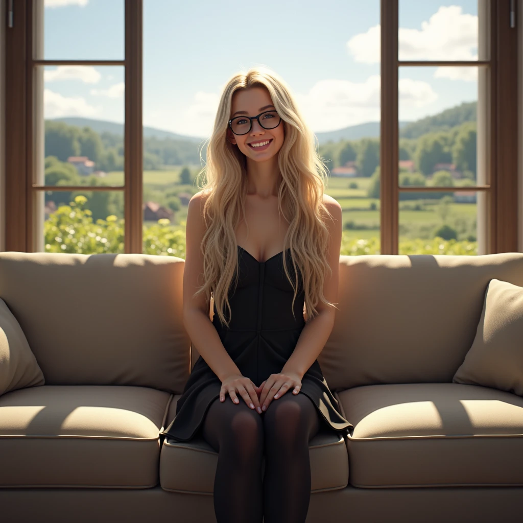 Un portrait plein-pied réaliste d'une jeune femme avec des longs cheveux blonds, assise sur un canapé dans un salon à la décoration moderne. Elle porte des lunettes. Elle porte une robe noire courte et des collants noirs. Elle sourit. Elle a les jambes croisées. Derrière elle, il y a une fenêtre qui donne sur un paysage campagnard. Image photoréaliste