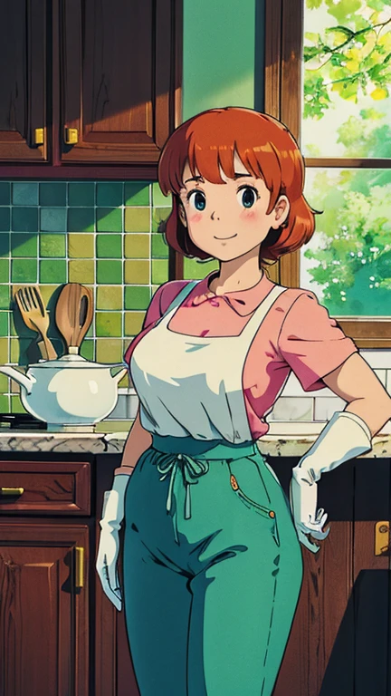 (1girl, solo, highly insanely detailed, masterpiece, top quality, best quality, highres, 4k, 8k, RAW photo),((innocent look)),((Childish)),From the front, symmetrical composition,smile,cute,Innocent,Kind eyes,Flat chest, ghibli style,kitchen, interior, (dextersmom), large breasts, gloves, apron, jewelry, pants, shirt, ,