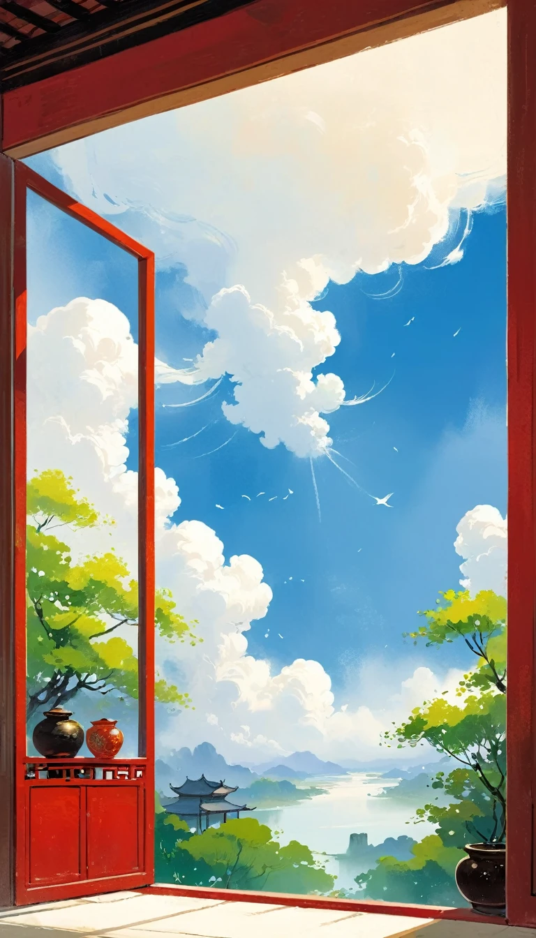 A painting,中国水墨画sketch:Light Ink,Lowercase,sketch,artistic conception,window,cloud,Minimalism,(((Negative Space,Bottom left composition)))