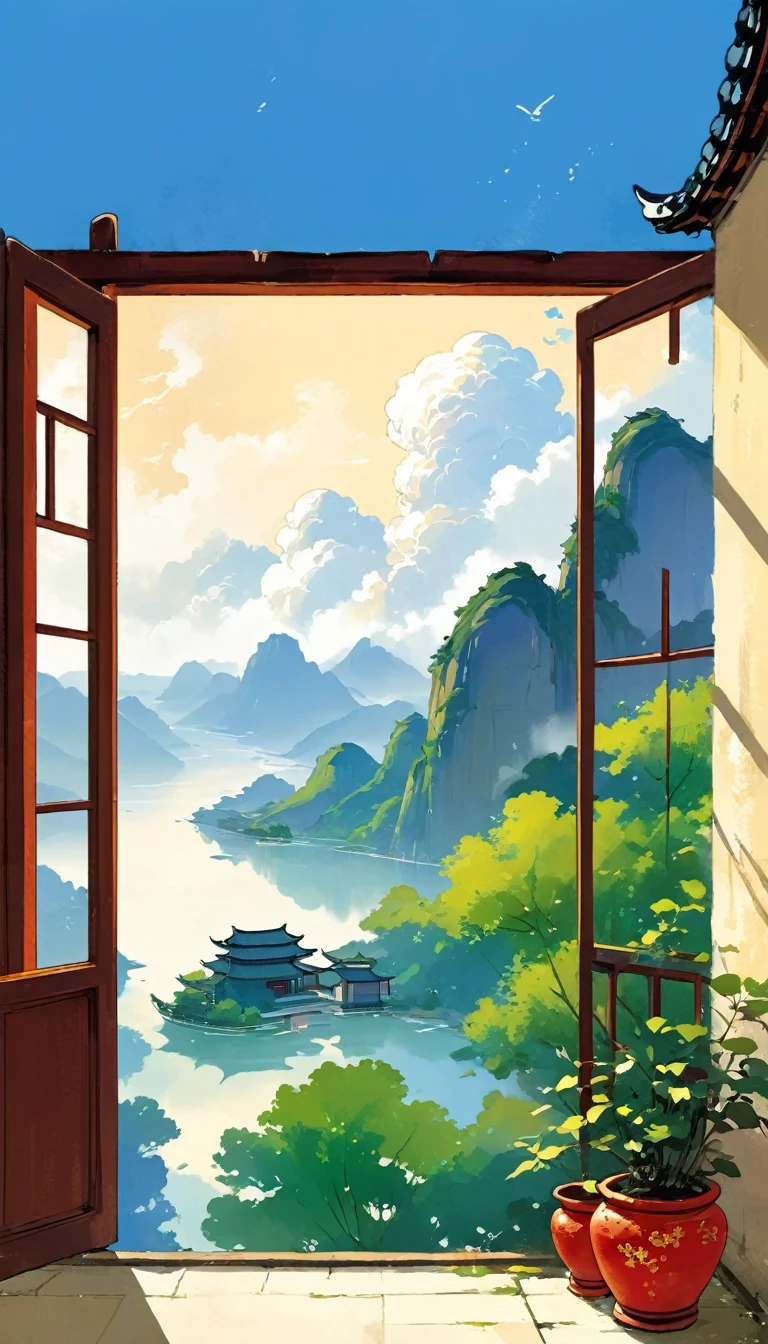 A painting,中国水墨画sketch:Light Ink,Lowercase,sketch,artistic conception,window,cloud,Minimalism,(((Negative Space,Bottom left composition)))