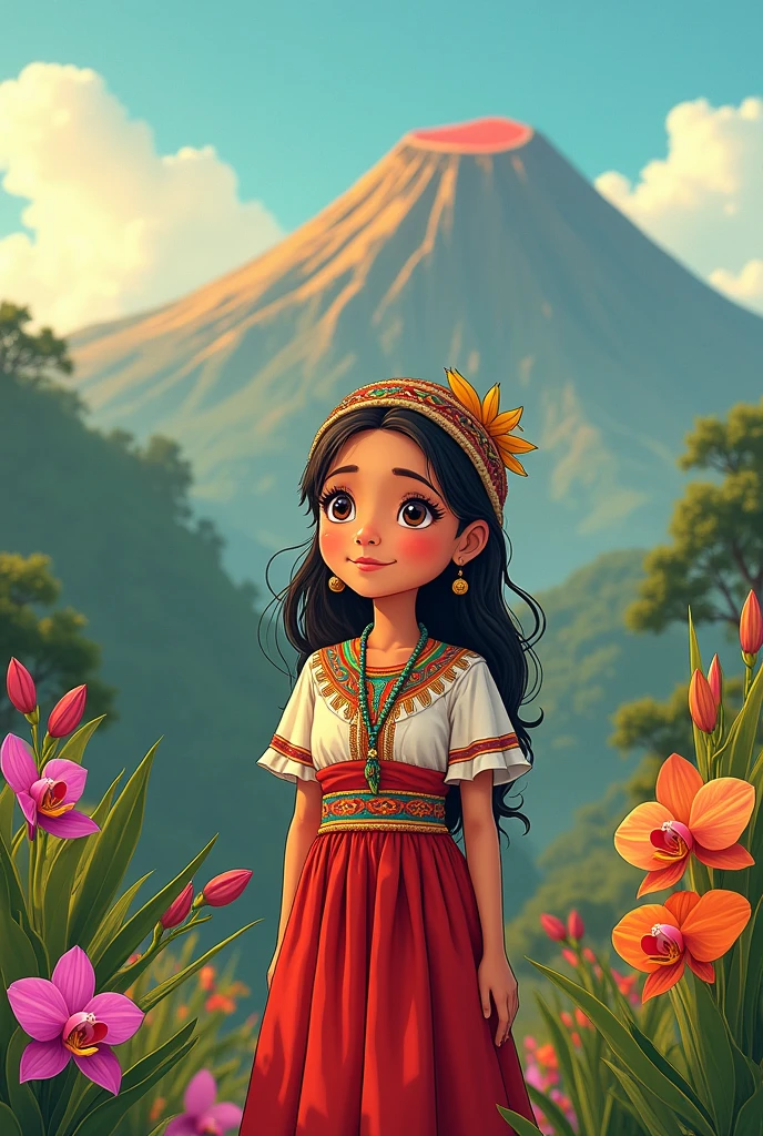Animation of a girl, dressed in traditional Guatemalan costume, with a background that has volcanoes and orchids, with the flag of Guatemala