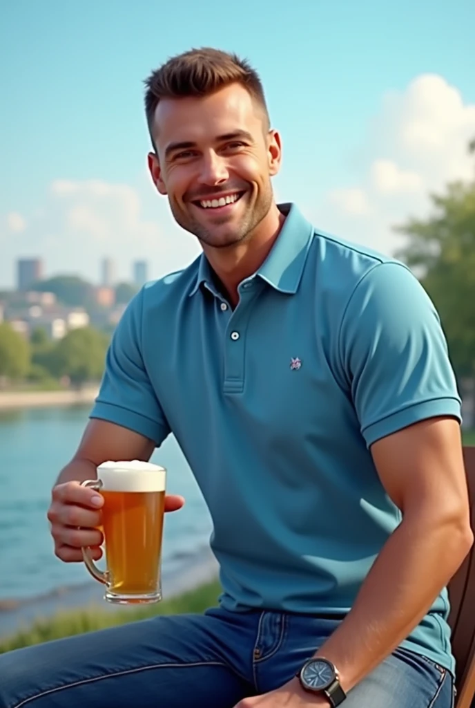 Handsome man crew cut hair, wearing blue polo and blue jeans, holding beer, river and city on the background, blue sky in the morning 