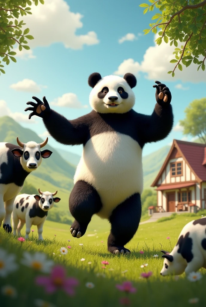 The hot girl drace panda and bagrund cows and house