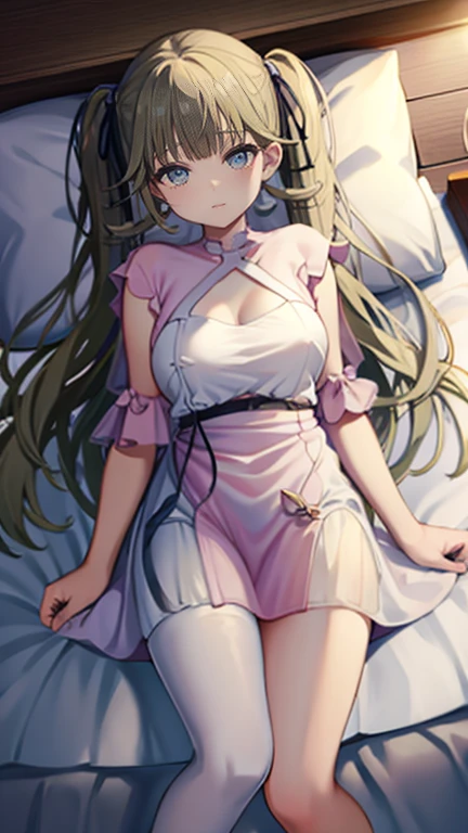 ((masterpiece)),best quality,high resolution,nsfw,Hanabusa Lisa,(((see through))),(erect nipples)),(((((sundress))))),very long hair, twintails, blue eyes,(((aroused))),evening,full body,night hotel room lying on the bed,