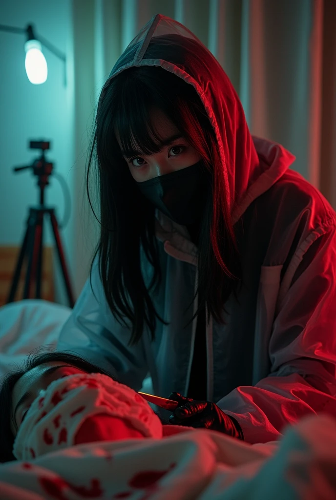 korean girl, (behind stiff, holding knife), black surgical mask, black leather gloves, bloody room, white raincoat, hood up, holding knife, leather gloves, woman on top, behind cadaver, blood splatter, bed room, night, mass murderer, killer, long bangs, blood splatter, dark atmosphere, cinematic lighting, atmospheric realistic, red lighting, close-up, tripod and camera in the back, shooting with camera