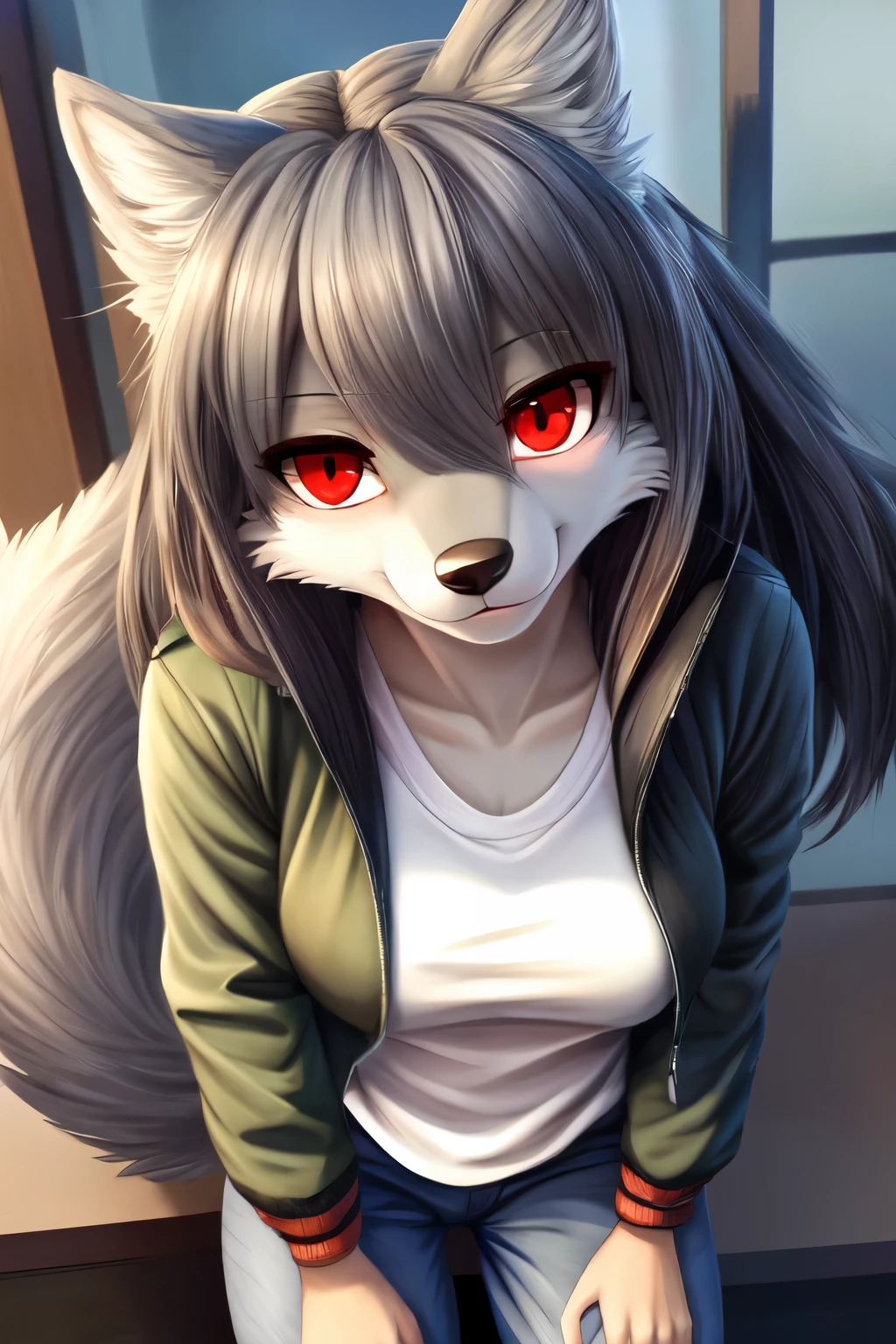 ((best quality)), ((masterpiece)), (detailed), 1girl, grey and light grey fur color, fluffy, adorable, looking into camera, pants, hot looking, red eyes, long hair, anthro, furry, sexy pose, grey fur, grey look, has clothes, wolf, kemono, serious looking, shirt, jacket, socks, full body, fluffy, furry hands, complete furry, smiling, hot clothes