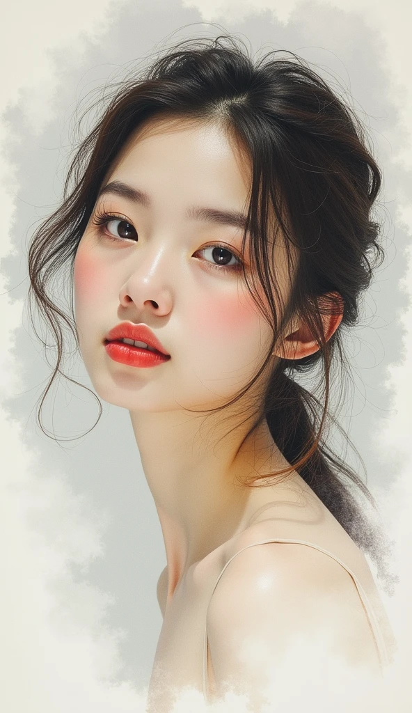 Professional portrait photo of chrstnhrprgff,, light natural tones , pencil drawing , watercolor drawing, portrait of a woman, detailed eyes, beautiful , highly detailed, soft color tones, soft lighting, detailed lines, sharp, realistic, brush strokes, light hints of paint drips
