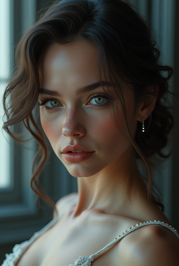 Best quality,ultra-detailed,photorealistic:1.37,UHD,professional,painting,HDR,realistic,portrait,Ukrainian beauty, gorgeous woman, exquisite facial features, sparkling blue eyes, porcelain skin, elegant pose, natural beauty, vibrant colors, soft lighting ,subtle shadows, feminine elegance, (Messy French Twist Updo With Hanging Curls hairs), black mesh chemise with intricate lace design, soft lighting, vivid colors, professional photography, portraits, bokeh