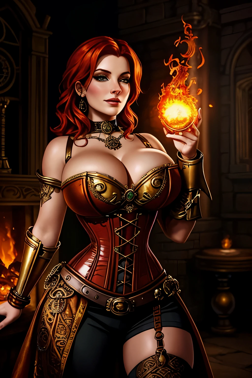 a close up of a woman in a corset holding a fire, steampunk chandra queen of fire, ornate cosplay, triss merigold cosplay, evil steampunk pyromancer woman, magic and steam - punk inspired, the fire queen, a steampunk beautiful goddess, fire dress, fire mage, the sorceress casting a fireball, glamourous cosplay, appears as the fire goddess