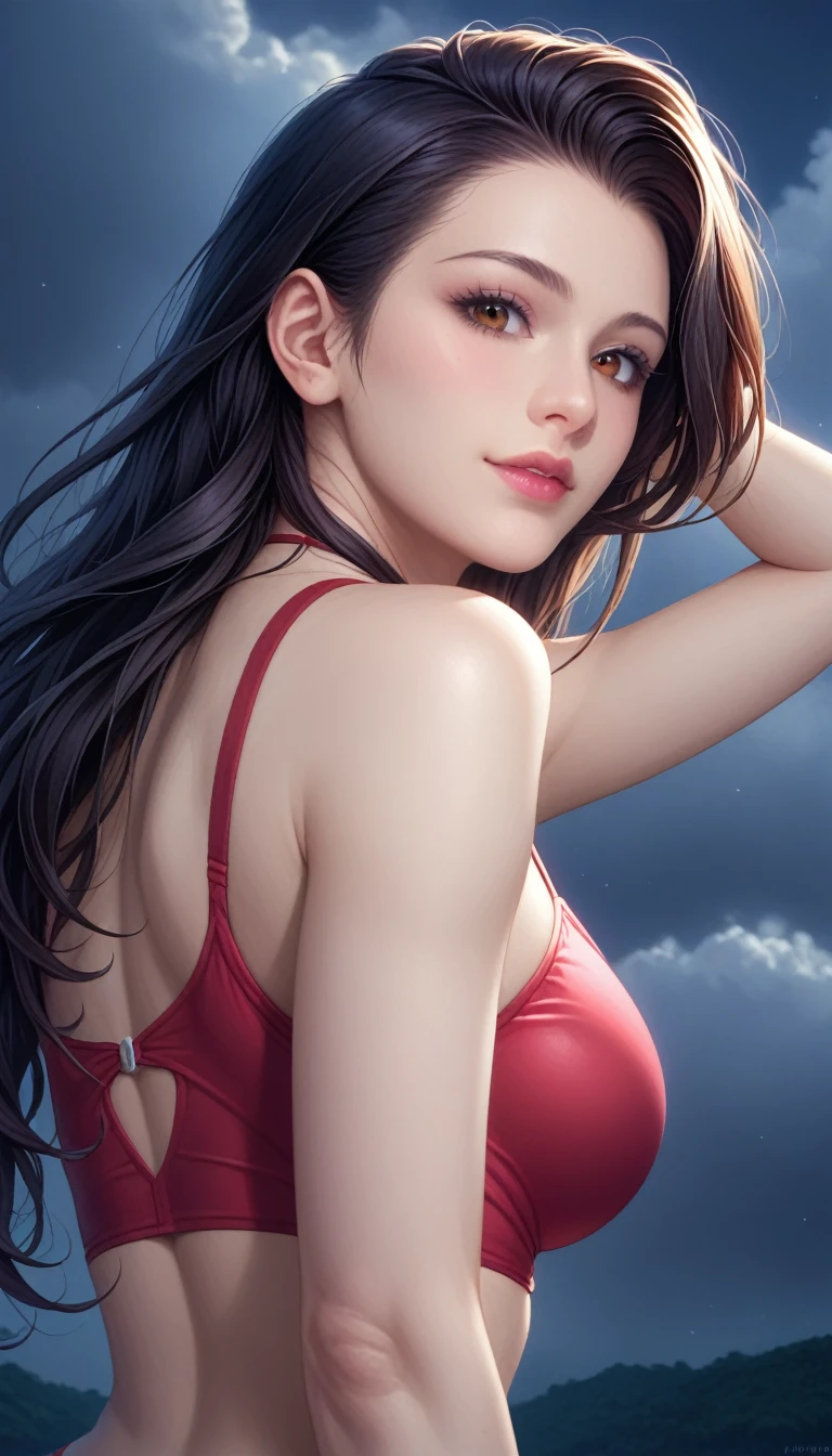 score_9, score_8_superior, score_7_superior, High-resolution CG illustration,A masterpiece in 32K resolution,Highest quality,it is really amazing,Very detailed,Ultra-high resolution,Ultra-realistic,Realistic,Increased depth of field,Cinematic lighting,
Sexy mature Japan woman,
Straight long hair with black hair,Ultra-detailed and beautiful face,Calm and gentle look,Beautiful brown eyes,Translucent white skin,Realistic skin texture,Great proportions,
Elegant red swimsuit,
Simple design,Chic color scheme based on red,Detailed fabric texture,
(Dark overcast sky on a dull night:1.1),(Dark clouds filling the sky:1.1),Thundercloud,Coastline at night,Stormy seas,delay々A desolate sandy beach that continues,
Beautiful back view,Cinematic,