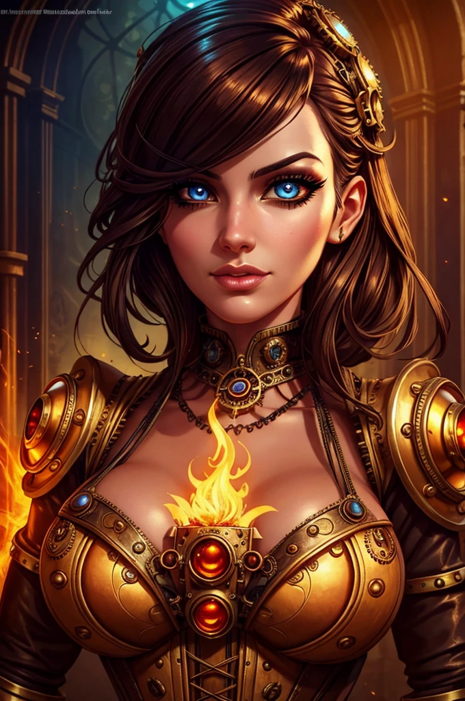 evil steampunk pyromancer woman,1 woman,beautiful detailed eyes,beautiful detailed lips,extremely detailed face and eyes,long eyelashes,steampunk outfit,intricate steampunk machinery,glowing magic effects,steam punk goggles,mechanical arms,magic flames,dramatic lighting,cinematic composition,vibrant colors,photorealistic,hyper detailed,masterpiece,digital art