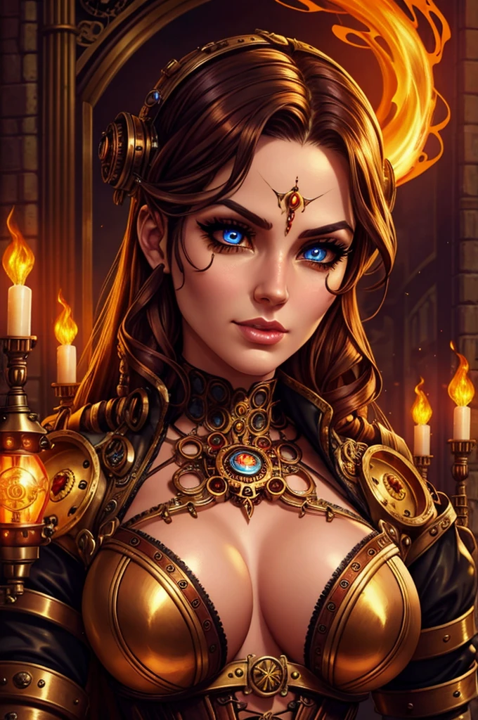 evil steampunk pyromancer woman,1 woman,beautiful detailed eyes,beautiful detailed lips,extremely detailed face and eyes,long eyelashes,steampunk outfit,intricate steampunk machinery,glowing magic effects,steam punk goggles,mechanical arms,magic flames,dramatic lighting,cinematic composition,vibrant colors,photorealistic,hyper detailed,masterpiece,digital art