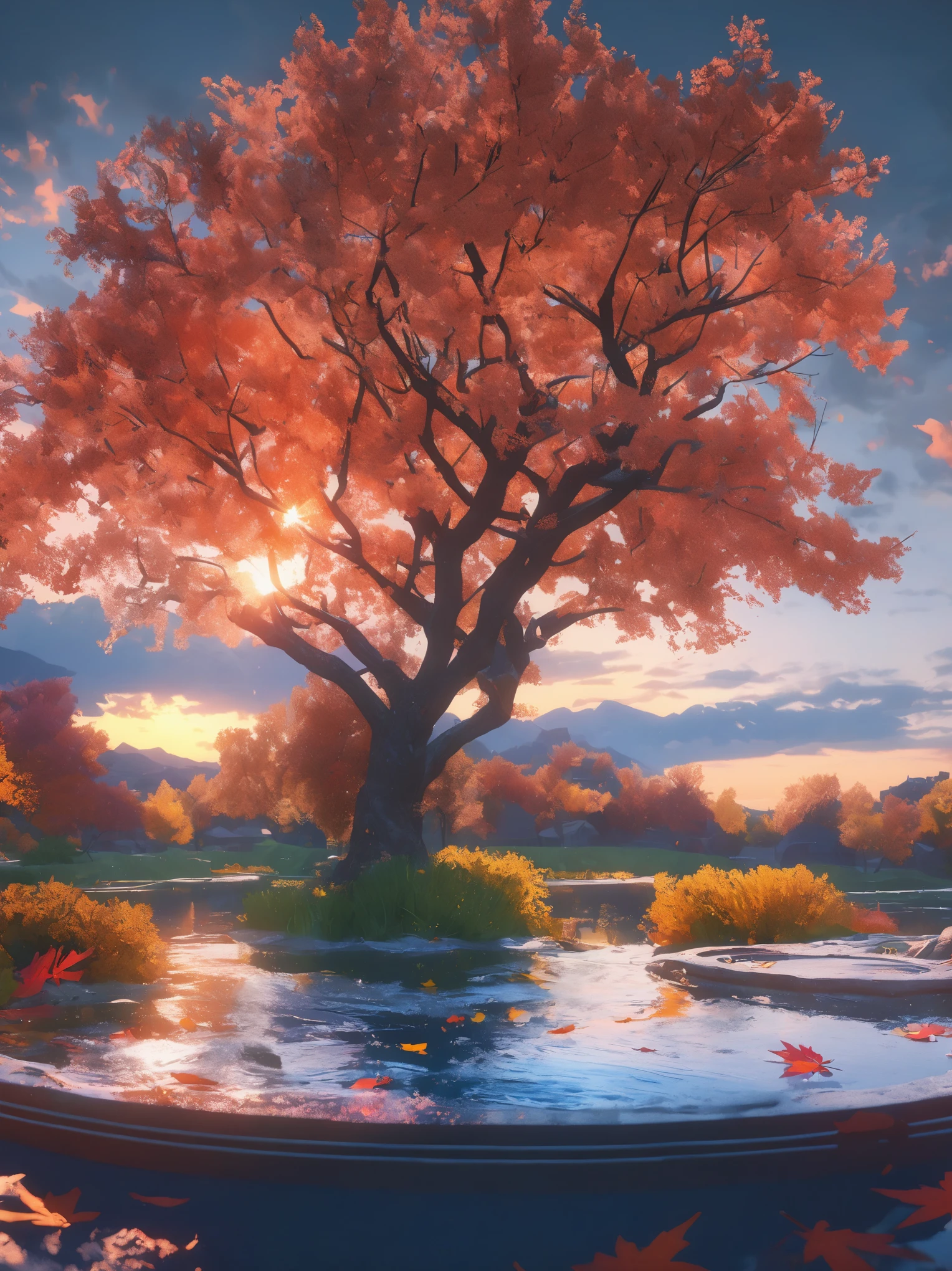 DIY16,best quality, Ultra HD, masterpieces, 8K, Practical, Anime style, 3D Rendering,(Pond in the evening:1.2), (8K, best quality, masterpiece:1.2), (Ultra-high resolution:1.0), Extremely bright design, Soft colors, (ink:1.3), Autumn Lights, High Detail, dramatic, photoPractical painting art