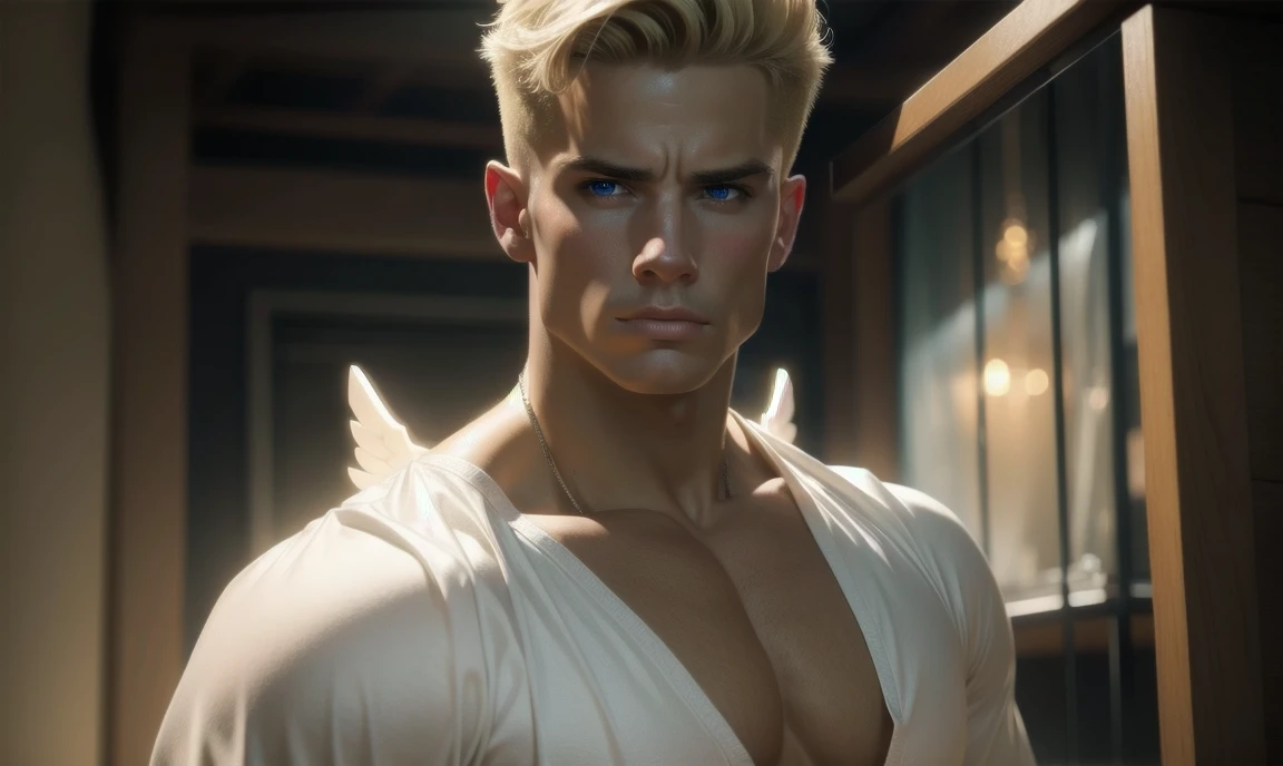 [((highly detailed, detailed eyes, detailed face, clear and realistic facial features, photorealistic, realistic light, cinematic)), (1 man), (((((Gorgeous perfect sexy powerful masculine male angel))))), (((two large white wings coming from his back))), ((faint halo)), ((((short blond hair, pale eyes)))), ((35 years old)), ((wearing flattering gauzy angelic clothes)), (((aura of divine power))), standing in a cozy apartment at nighttime, ((light blush)), ((imposing powerful pose)), (((wearing an annoyed expression)))]