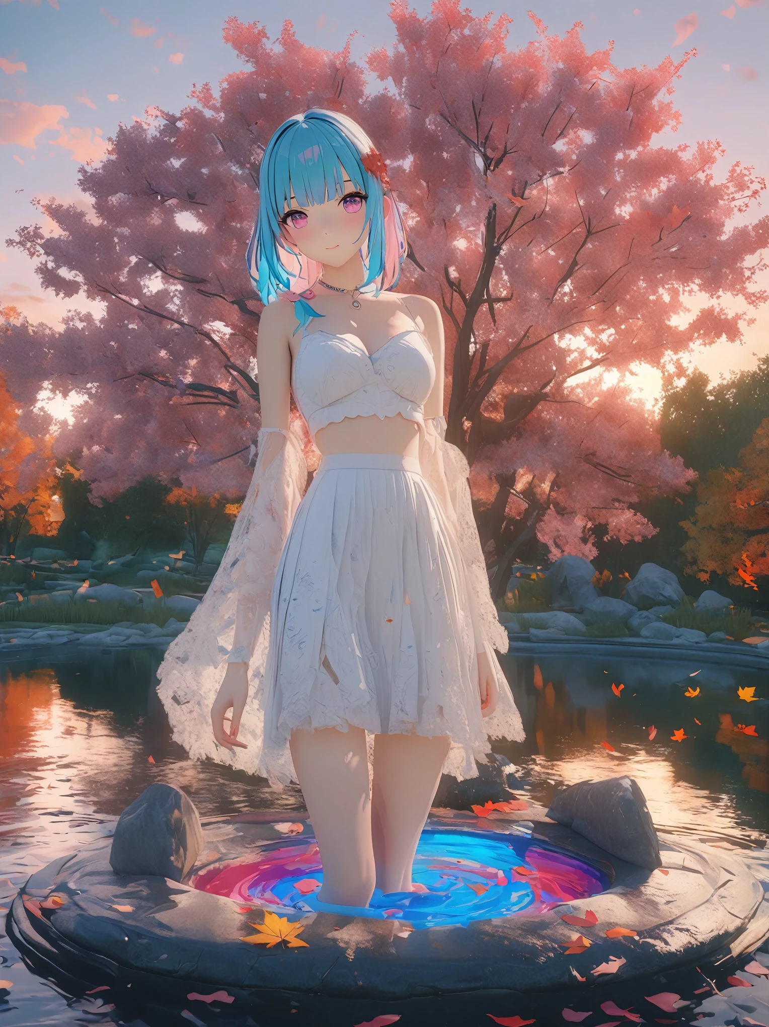 DIY16,best quality, Ultra HD, masterpieces, 8K, Practical, Anime style, 3D Rendering,(Pond in the evening:1.2), (8K, best quality, masterpiece:1.2), (Ultra-high resolution:1.0), Extremely bright design, Soft colors, (ink:1.3), Autumn Lights, High Detail, dramatic, photoPractical painting art
