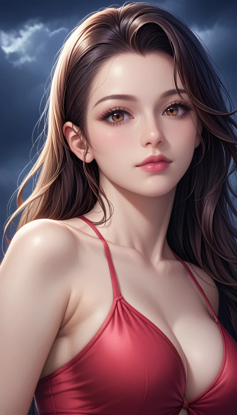 score_9, score_8_superior, score_7_superior, High-resolution CG illustration,A masterpiece in 32K resolution,Highest quality,it is really amazing,Very detailed,Ultra-high resolution,Ultra-realistic,Realistic,Increased depth of field,Cinematic lighting,
Sexy mature Japan woman,
Straight long hair with black hair,Ultra-detailed and beautiful face,Calm and gentle look,Beautiful brown eyes,Translucent white skin,Realistic skin texture,Great proportions,
Elegant red swimsuit,
Simple design,Chic color scheme based on red,Detailed fabric texture,
(Dark overcast sky on a dull night:1.1),(Dark clouds filling the sky:1.1),Thundercloud,Coastline at night,Stormy seas,delay々A desolate sandy beach that continues,
Beautiful back view,Cinematic,