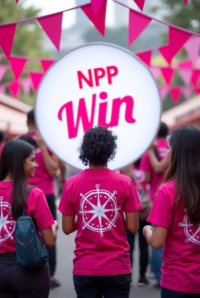 promotional Stall with wording "NPP Win" with white round compass sign, pink color 5 buntings strips, sri lankan people with pink t shirt with white round compass logo
