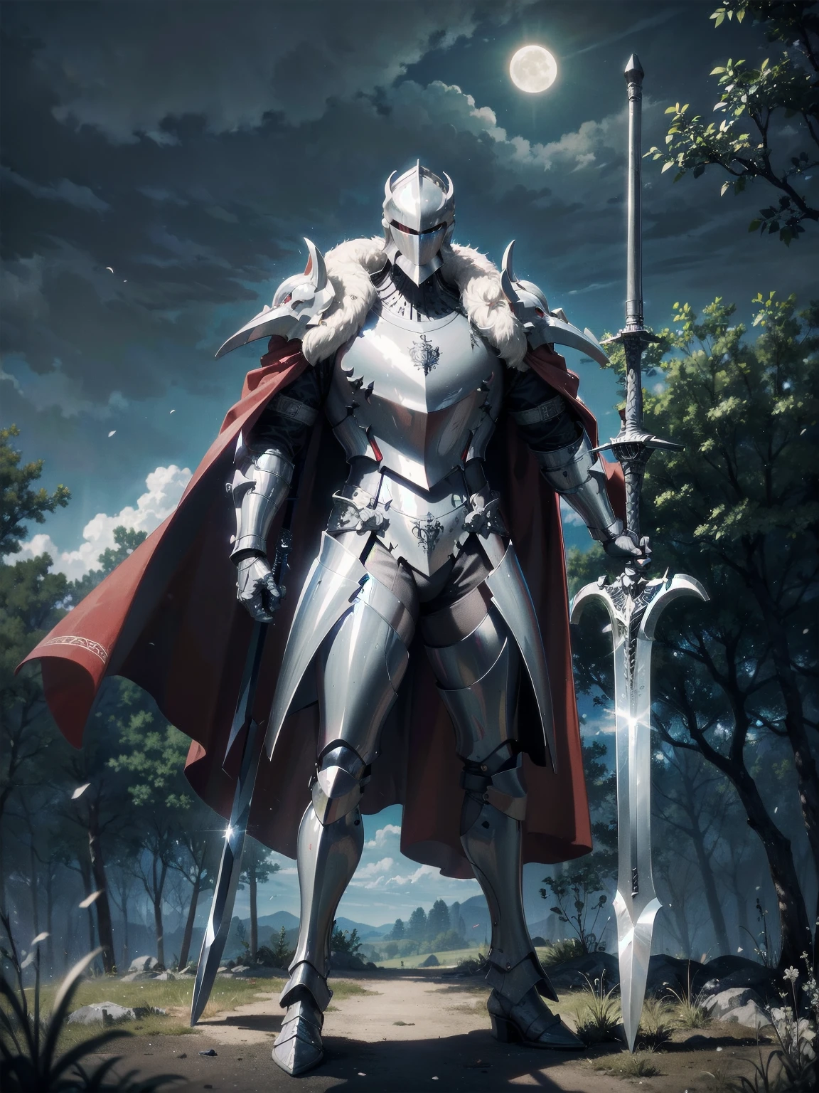 masterpiece, Superior image quality, High resolution, 4k image,Photo and gross, photorealistic, Knight in silver armor, red cape, face covered by a helmet, (He wields a sword and shield), forest, moon in the background at night