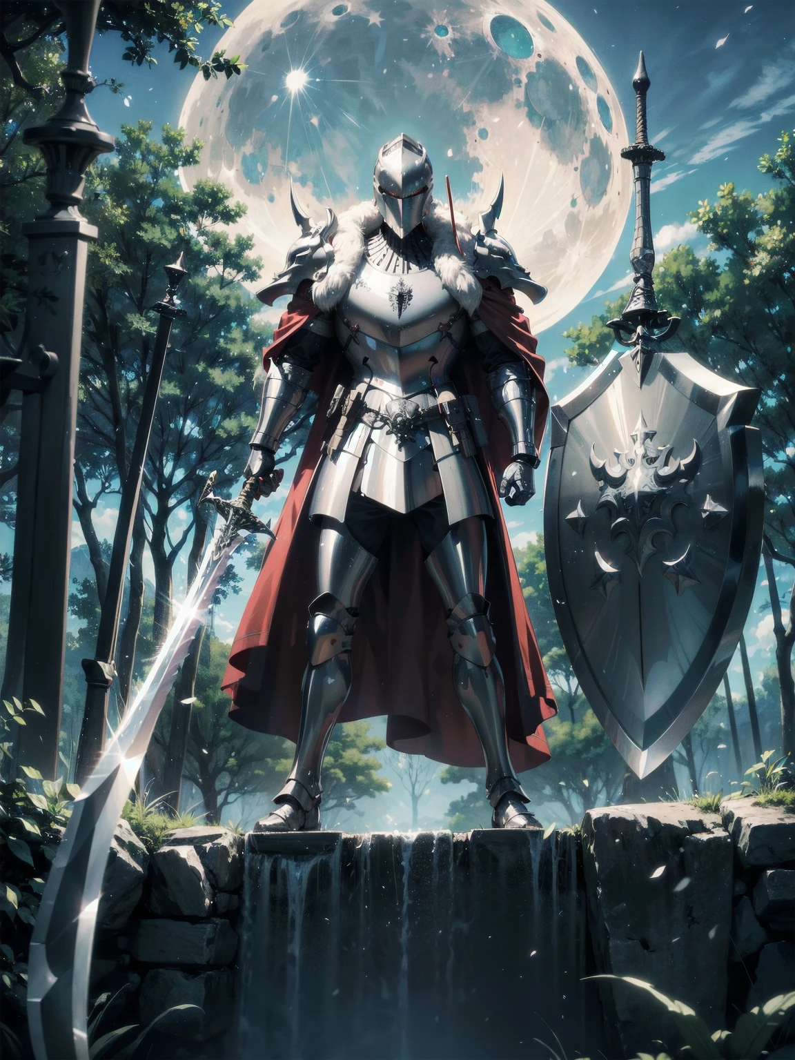 masterpiece, Superior image quality, High resolution, 4k image,Photo and gross, photorealistic, Knight in silver armor, red cape, face covered by a helmet, (He wields a sword and shield), forest, moon in the background at night