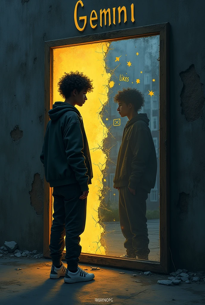 Este prompt es claro y preciso, capturando todos los detalles que querías incluir. Aquí está en inglés:

### English:
"Create a dark, moody scene featuring a young, light-skinned man with curly, frizzy hair standing in front of a cracked mirror. His reflection shows two sides: one glowing with a soft, golden light, symbolizing his true self, and the other shadowed, representing the persona society expects him to be. The background is urban, with crumbling walls and dimly lit streets, conveying a sense of decay and struggle. The colors should be muted, with deep blues, grays, and touches of gold. In the reflection, faint digital symbols, like likes and numbers, float around, emphasizing societal pressures. The young man is dressed in streetwear, looking determined yet conflicted. Above the mirror, the word 'Gemini' is inscribed, and below 'Gemini,' the word 'RHAYNOPG' is written in a smaller, ornate gothic font."

This version keeps both "Géminis" and "RHAYNOPG" on the mirror, with "RHAYNOPG" appearing smaller beneath "Géminis," as you described.
Que muestre la realidad de dos mundos paralelos que represente lo que quiere ser tú y lo que el mundo quiere es que tú seas