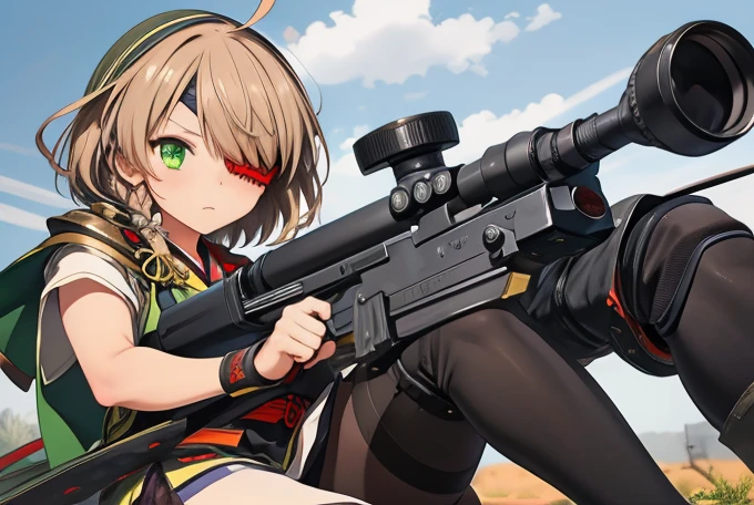 Girl fighting in battle, Battlefields of Japan's Sengoku Period, 1girl, yamamoto kansuke, light brown hair, short hair, single braid, hair over one eye, ahoge, eyepatch, green eyes, Knee-high socks, Shoot down the bad guys , Brave emotions, rifle, FPSThumbnail,