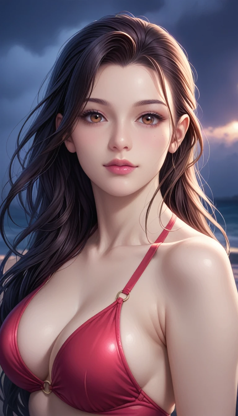 score_9, score_8_superior, score_7_superior, High-resolution CG illustration,A masterpiece in 32K resolution,Highest quality,it is really amazing,Very detailed,Ultra-high resolution,Ultra-realistic,Realistic,Increased depth of field,Cinematic lighting,
Sexy mature Japan woman,
Straight long hair with black hair,Ultra-detailed and beautiful face,Calm and gentle look,Beautiful brown eyes,Translucent white skin,Realistic skin texture,Great proportions,
Elegant red swimsuit,
Simple design,Chic color scheme based on red,Detailed fabric texture,
(Dark overcast sky on a dull night:1.1),(Dark clouds filling the sky:1.1),Thundercloud,Coastline at night,Stormy seas,delay々A desolate sandy beach that continues,
Beautiful back view,Cinematic,