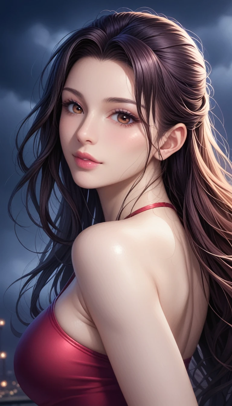 score_9, score_8_superior, score_7_superior, High-resolution CG illustration,A masterpiece in 32K resolution,Highest quality,it is really amazing,Very detailed,Ultra-high resolution,Ultra-realistic,Realistic,Increased depth of field,Cinematic lighting,
Sexy mature Japan woman,
Straight long hair with black hair,Ultra-detailed and beautiful face,Calm and gentle look,Beautiful brown eyes,Translucent white skin,Realistic skin texture,Great proportions,
Elegant red swimsuit,
Simple design,Chic color scheme based on red,Detailed fabric texture,
(Dark overcast sky on a dull night:1.1),(Dark clouds filling the sky:1.1),Thundercloud,Coastline at night,Stormy seas,delay々A desolate sandy beach that continues,
Beautiful back view,Cinematic,