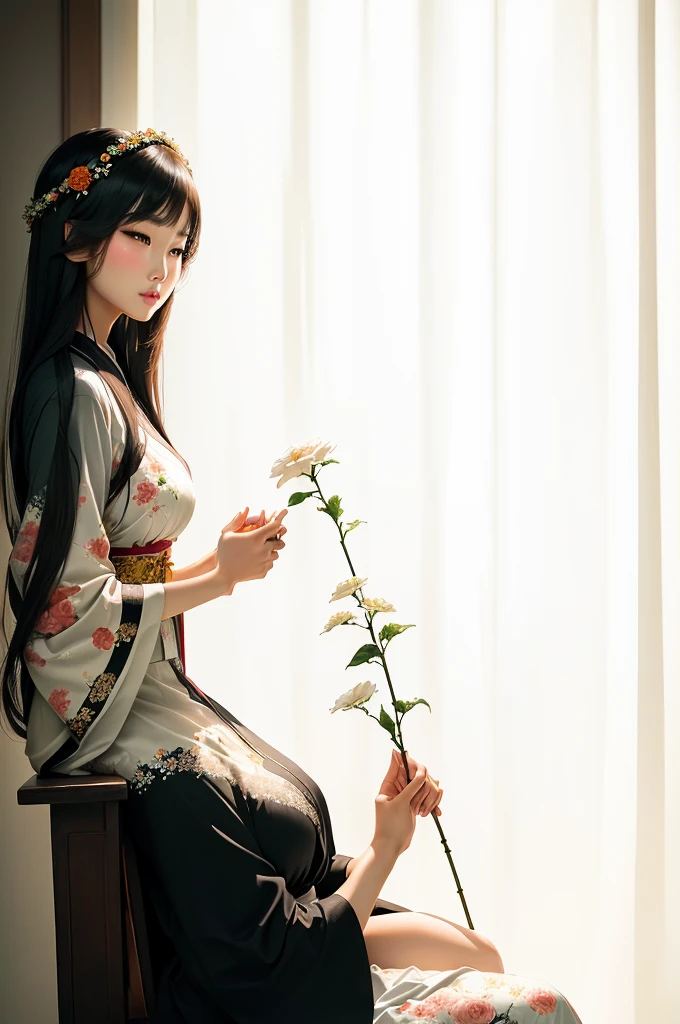 there is a woman sitting in a chair Hold a flower in your hand, Hold a flower in your hand, Holding roses, an Asian woman, a young Asian woman, Sitting next to flowers, Sitting on the bed, Portrait of a woman holding flowers, Girl with a wreath, Elegant Japanese woman, young Asian woman, beautiful young Asian woman, beautiful Asian woman sitting, Asian woman, Attractive woman