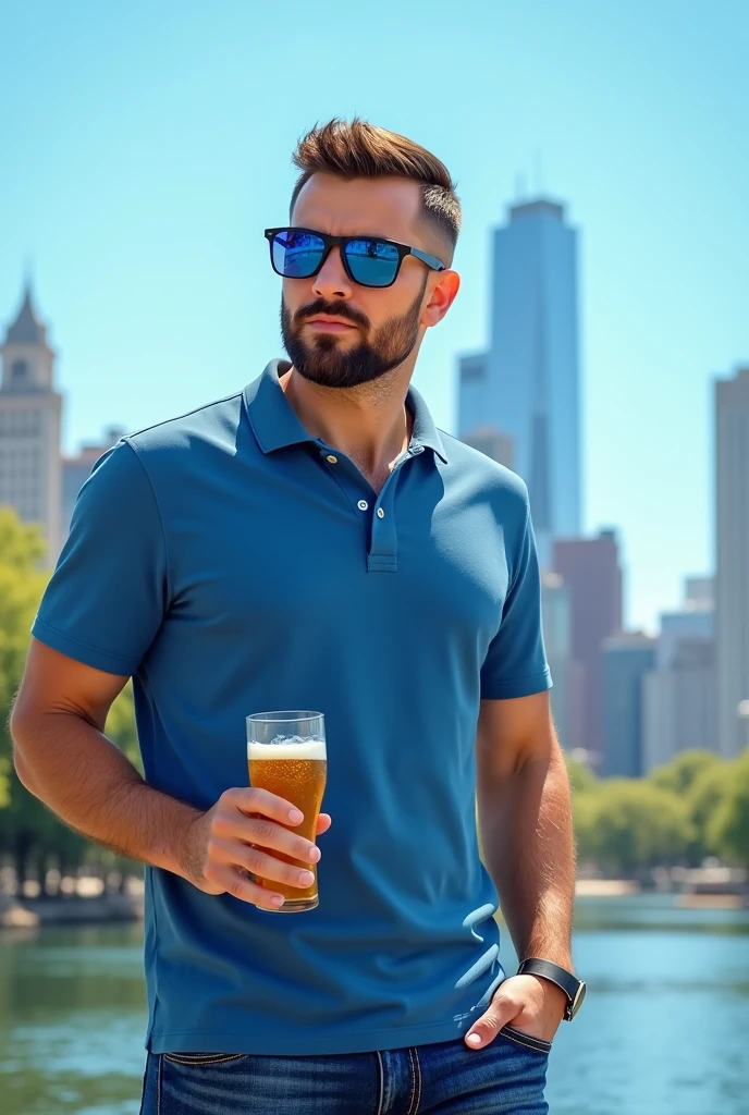 Handsome man crew cut hair, wearing blue sunglasses, blue polo and blue jeans, holding beer, river and city on the background, blue sky in the morning
