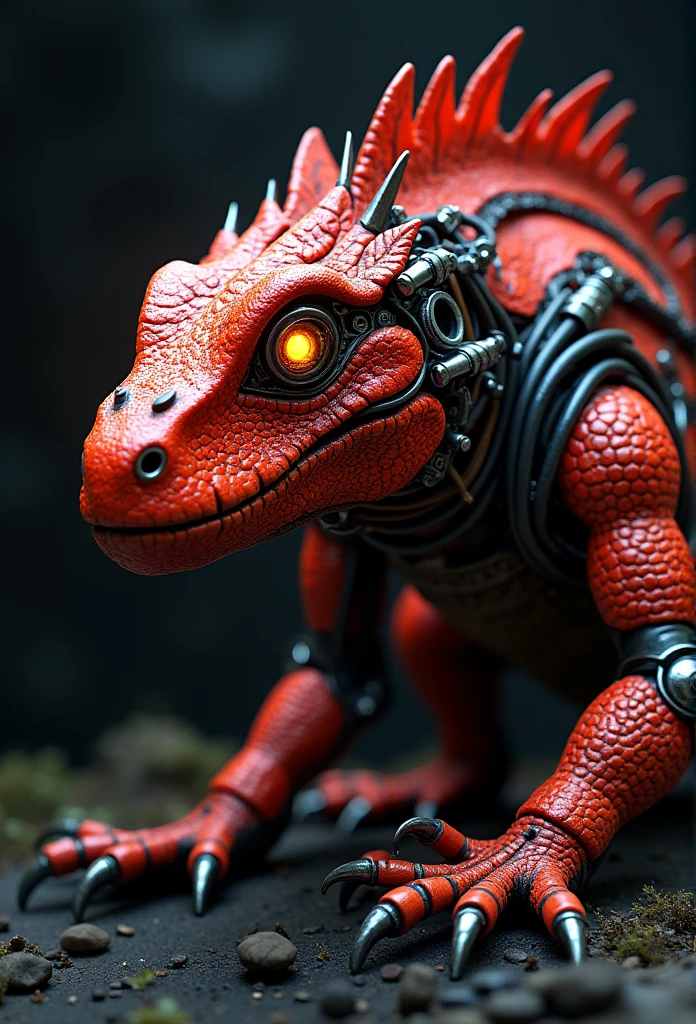 Create a biomechanical Komodo dragon with a grotesque mix of organic and mechanical elements, Showing metal structures and cables intertwined with muscles and bones, with a fluorescent red tone that contrasts with the dark, polished metal and electric orange lights scattered throughout the machinery. The creature's eyes are larger, glowing an intense yellow bathed in luminescence. the background is dark, What keeps the attention on the creature, The general style is hyperrealistic and detailed, 8k