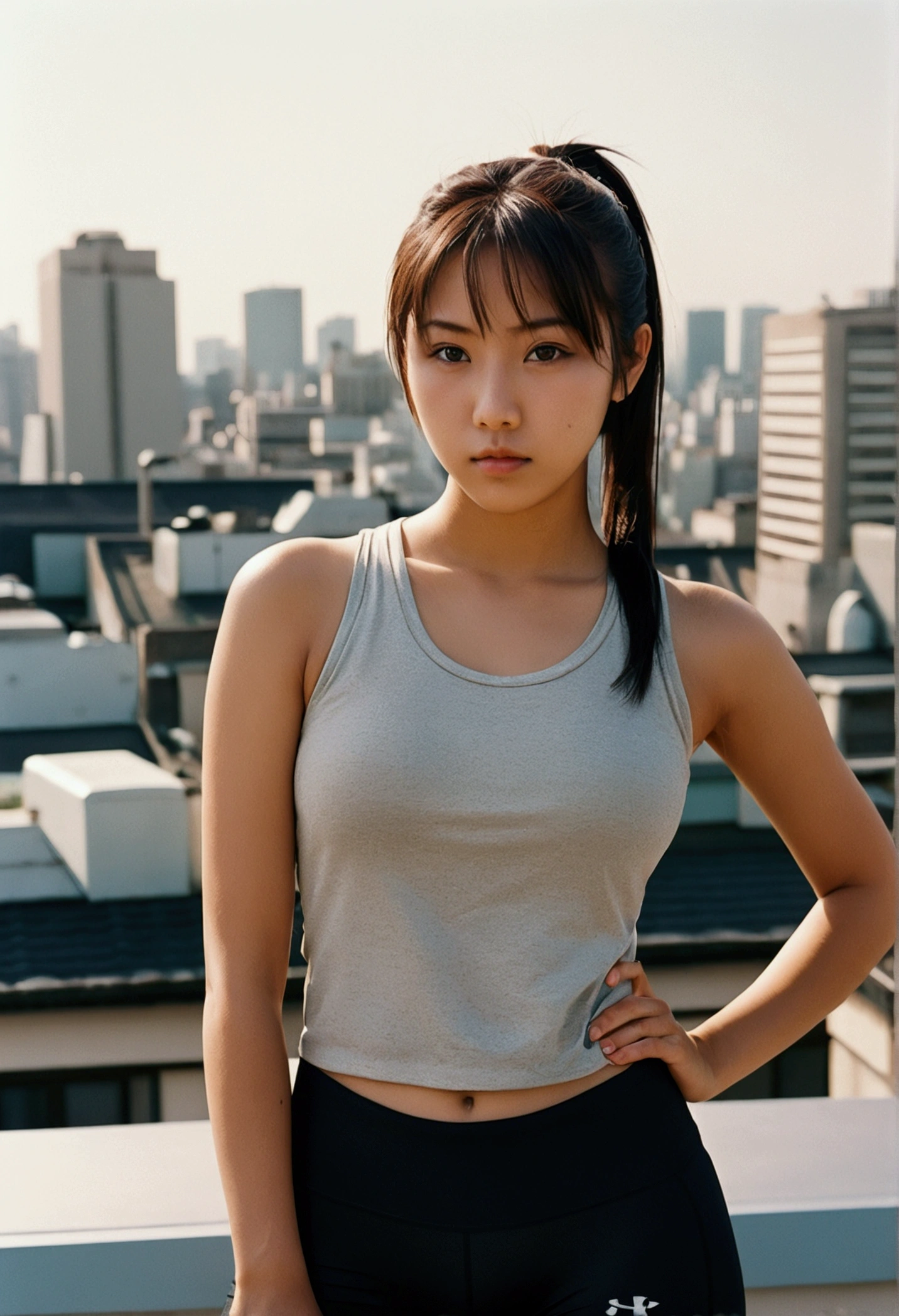 [[((young attractive Asian woman:1.5)), ((Sophie Tan:1.4)), standing in an urban skate park, with her back to the camera. She is wearing ((baggy cargo pants and a tight crop top:1.2)). Her hair is styled in braids, and she has a seductive, intense gaze over her shoulder. The background features skate ramps, graffiti, and skaters. The scene is captured with a ((full-frame DSLR:1.2)) using a ((35mm prime lens:1.2)) to keep the woman in sharp focus while the background is slightly blurred. Post-production enhances the gritty details and adds a ((soft bokeh effect:1.1)) to the background. The image should be in ((8K resolution:1.1)) with ((hyper-realistic detail:1.3)). The backdrop highlights the urban skate park with detailed textures of ramps and graffiti. The focus is on the woman's cargo pants and seductive, intense gaze. Dim urban lighting is used with slight enhancements to create a raw and edgy atmosphere, with a ((soft bokeh effect:1.1)) on the background, enhanced vibrancy, and high contrast to make the scene pop. She is standing with one hand on her hip, looking seductively over her shoulder, exuding confidence and allure, embodying Y2K hip hop chic.]]