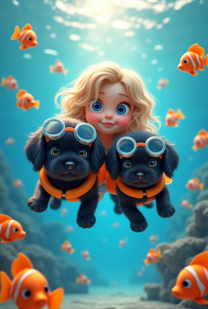 2 Black shih tzu puppies with big blue eyes wearing goggles and floaties, cute blonde girl swimming with big blue eyes wearing goggles and floaties, swimming with animated images of fishes