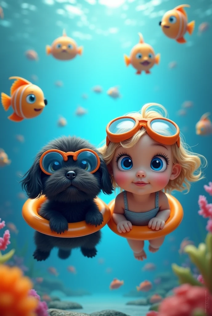 2 Black shih tzu puppies with big blue eyes wearing goggles and floaties, cute blonde girl swimming with big blue eyes wearing goggles and floaties, swimming with animated images of fishes