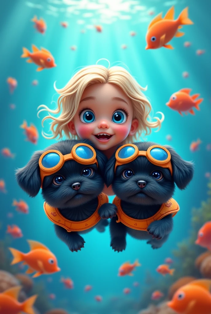 2 Black shih tzu puppies with big blue eyes wearing goggles and floaties, cute blonde girl swimming with big blue eyes wearing goggles and floaties, swimming with animated images of fishes