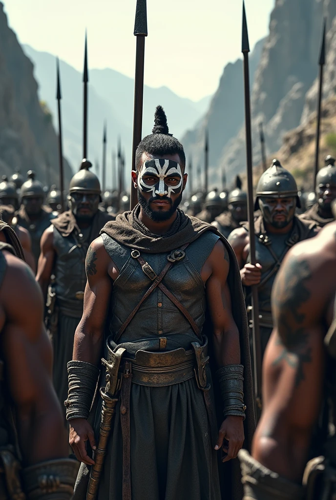 An army of soldiers with swords, bows, spears, and all have their faces painted in black and white.
