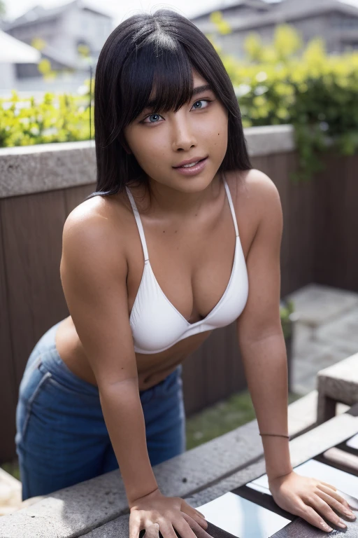 1girl, beautiful woman, white bikini swimsuit, skinny, perfect body, defined abs, gold hair, standing in rainy night pool room, wet body glistening, ultra-detailed face, beautiful eyes, beautiful lips, double eyelids, shy smile, trimmed bangs, sun-kissed skin, hint of pubic hair, (best quality, 8k, masterpiece:1.3), frontal and full-body shot, pussy line, front facing, open legs