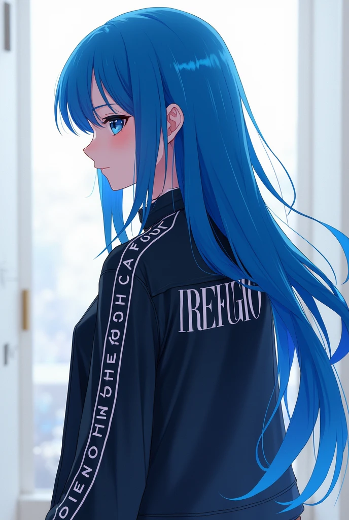 Anime woman facing back with side head to the right then wearing jacket with my last name REFUGIO with blue long hair