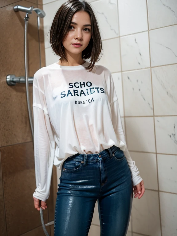 (Wide flares on jeans:1.2), (Water-soaked clothing:1.17), (Best Quality,high resolution,bokeh:1.2),two woman,Pronounced wrinkles,Bob haircut,Detailed eyes and face,tshirt,(standing:1.0),(gloomy ecstasy:1.1), Posing, standing in a shower SoakingWetClothes, black high heel pumps, show heels, jeans are wrinkled from wetness, wet hair, standing under the spray from the shower